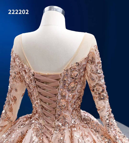 Long Sleeve Sequin Ball Gowns Rose Gold Wedding Dresses 222202-Quinceanera Dresses 2025 -Viniodress-Gold-Custom Size-