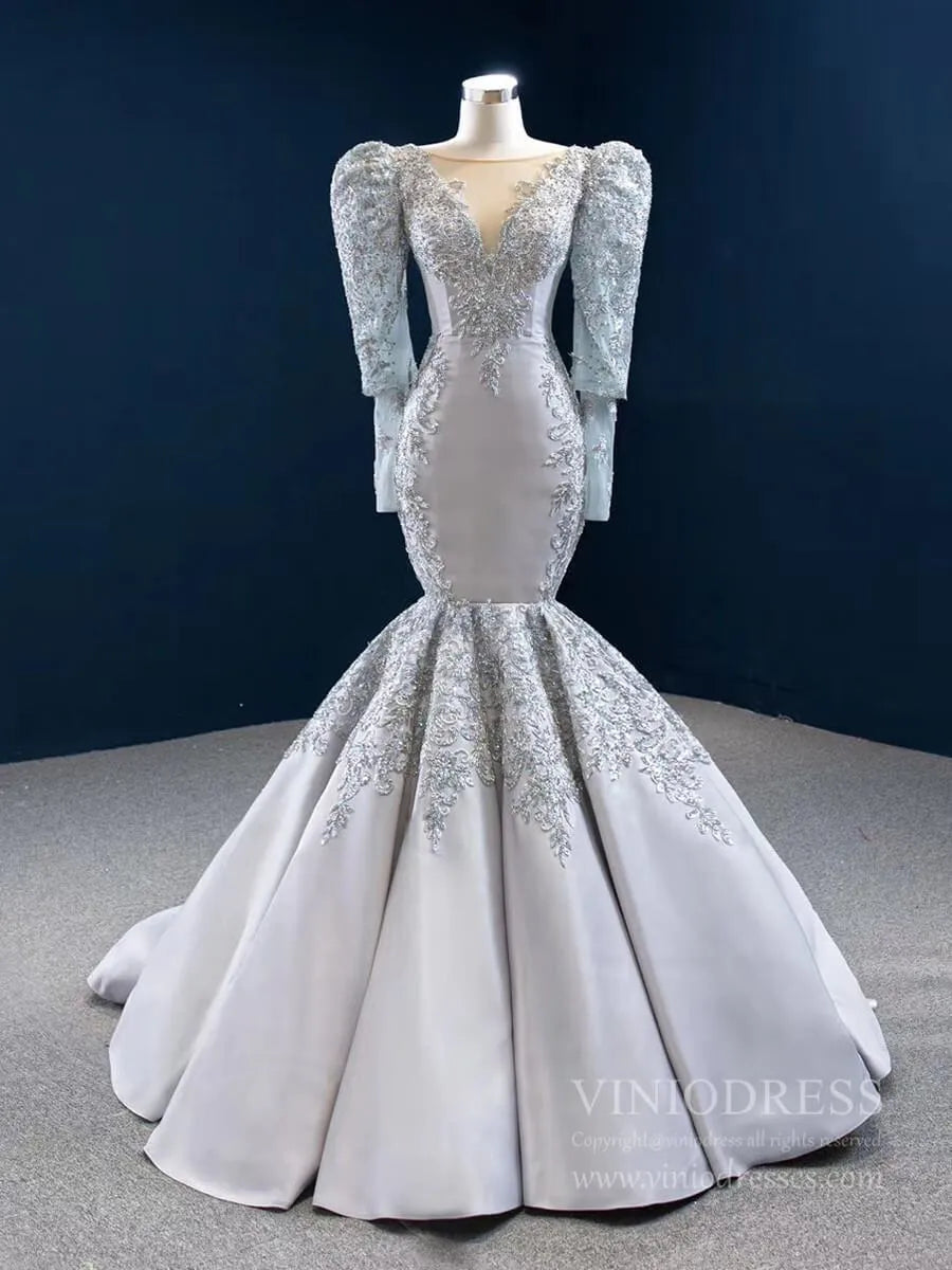 Long Sleeve Silver Pageant Gown Vitnage Mermaid Prom Dresses FD2433 viniodress-prom dresses 2025 -Viniodress-As Picture-Custom Size-