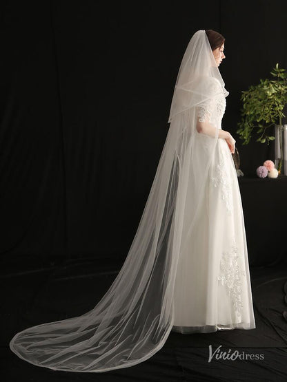 Long Tulle Blusher Veil Drop Bridal Veils Viniodress AC1308-Bridal Veil 2025 -Viniodress-Ivory-