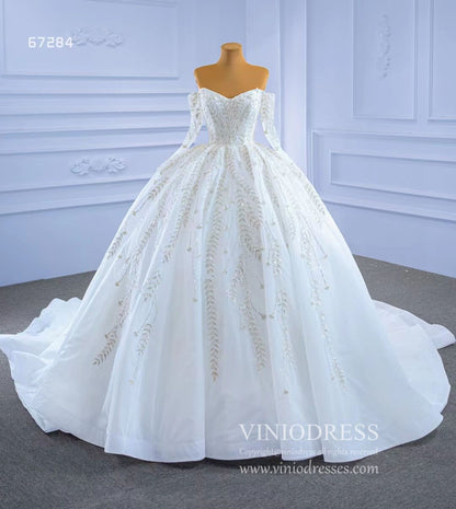 Luxury Ball Gown Wedding Dresses with Long Sleeves| Off-the-Shoulder, Sparkly Beaded Lace & Chapel Train 67284-wedding dresses 2025 -Viniodress-Ivory-Custom Size-