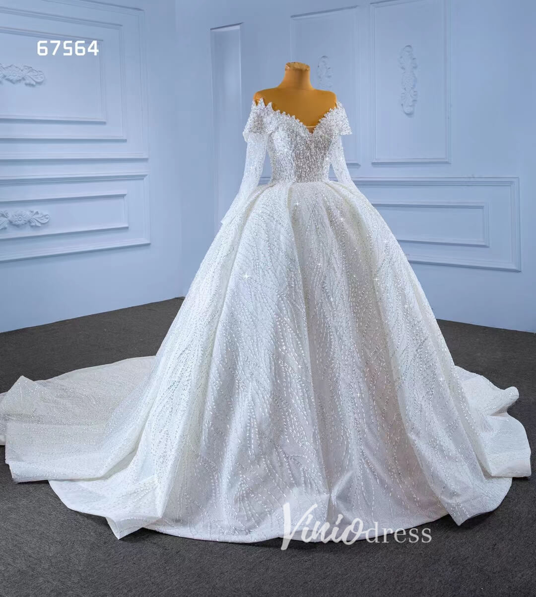 Luxury Beaded Ball Gown Wedding Dress with Sheer Long Sleeves & Corset Back 67564-wedding dresses 2025 -Viniodress-Ivory-Custom Size-