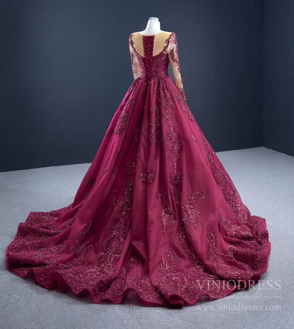 Luxury Beaded Burgundy Formal Dress Long Sleeve Pageant Dresses 67250 viniodress-prom dresses 2025 -Viniodress-Burgundy-Custom Size-