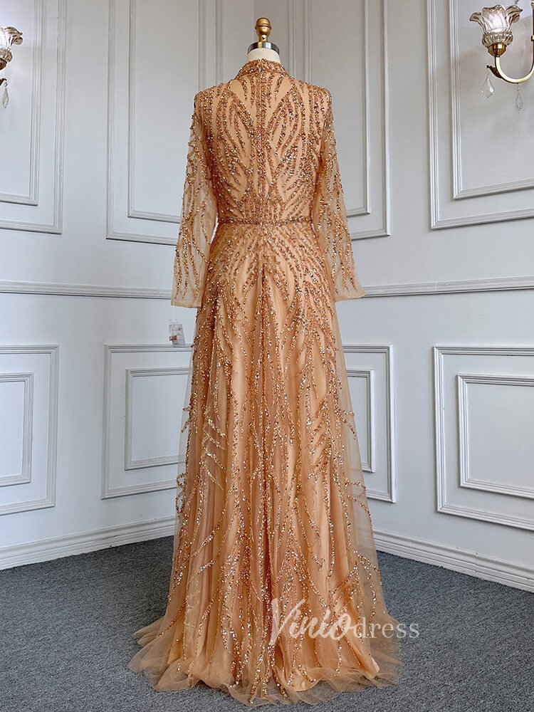 Luxury Beaded Evening Dresses High Neck Long Sleeve Mother of the Brid – Viniodress