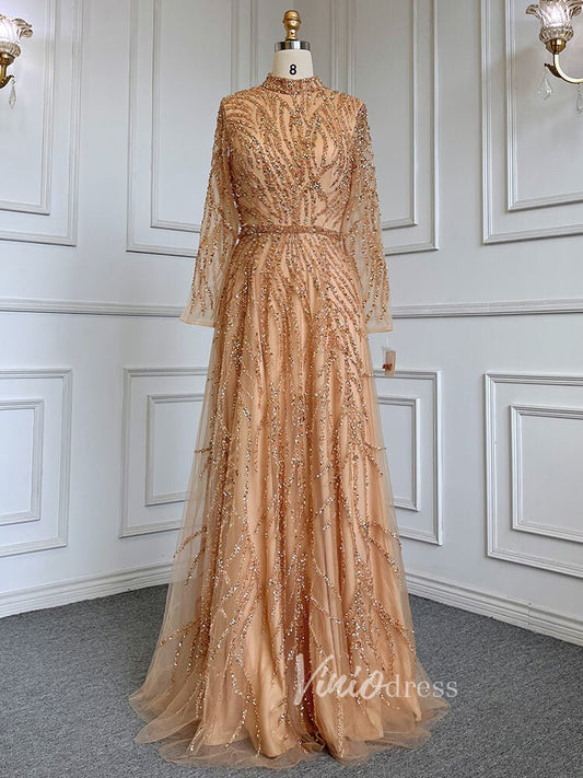 Luxury Beaded Evening Dresses High Neck Long Sleeve Mother of the Bride Dress 20019-Evening Dresses 2025 -Viniodress-Gold-US 2-