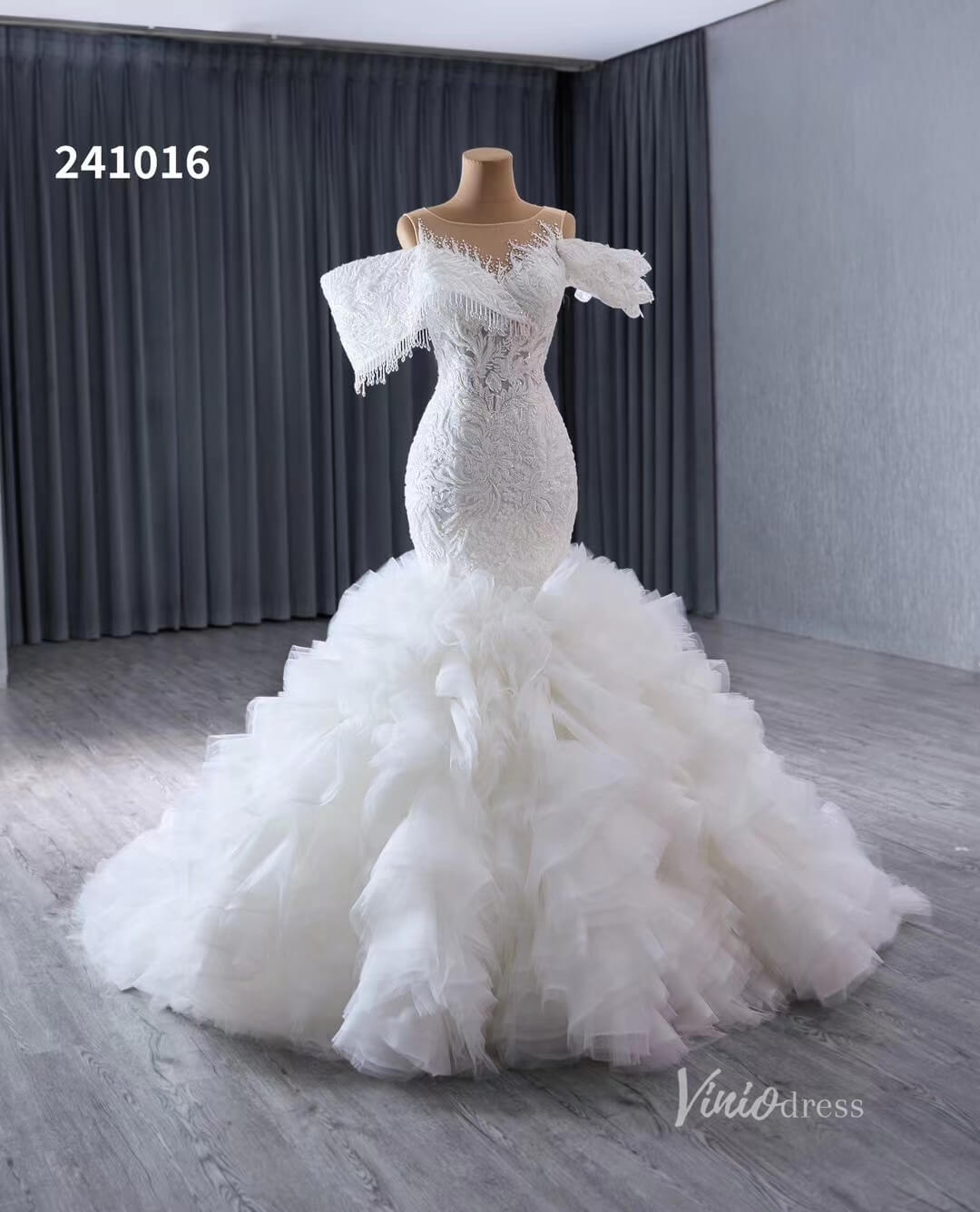 Luxury Beaded Lace Mermaid Wedding Dresses Removable Ruffle Skirt Bridal Gown 241016-wedding dresses 2025 -Viniodress-Ivory-Custom Size-
