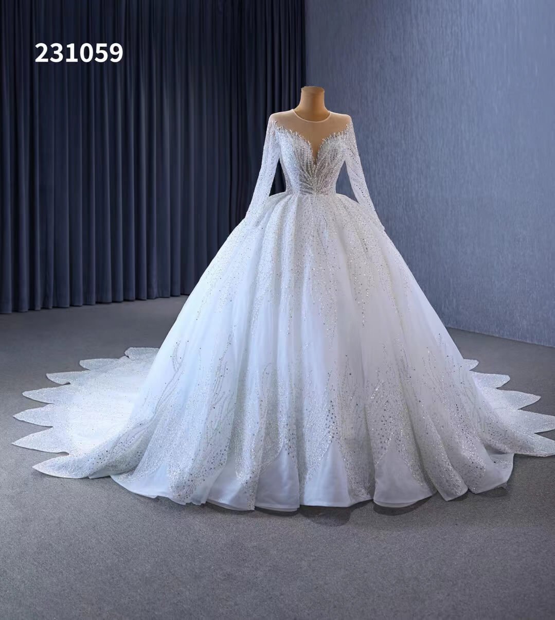 Luxury Beaded Lace Wedding Dresses Long Sleeve Bridal Gown Cathedral Train 231059-wedding dresses 2025 -Viniodress-Ivory-Custom Size-