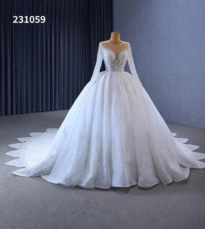 Luxury Beaded Lace Wedding Dresses Long Sleeve Bridal Gown Cathedral Train 231059-wedding dresses 2025 -Viniodress-Ivory-Custom Size-