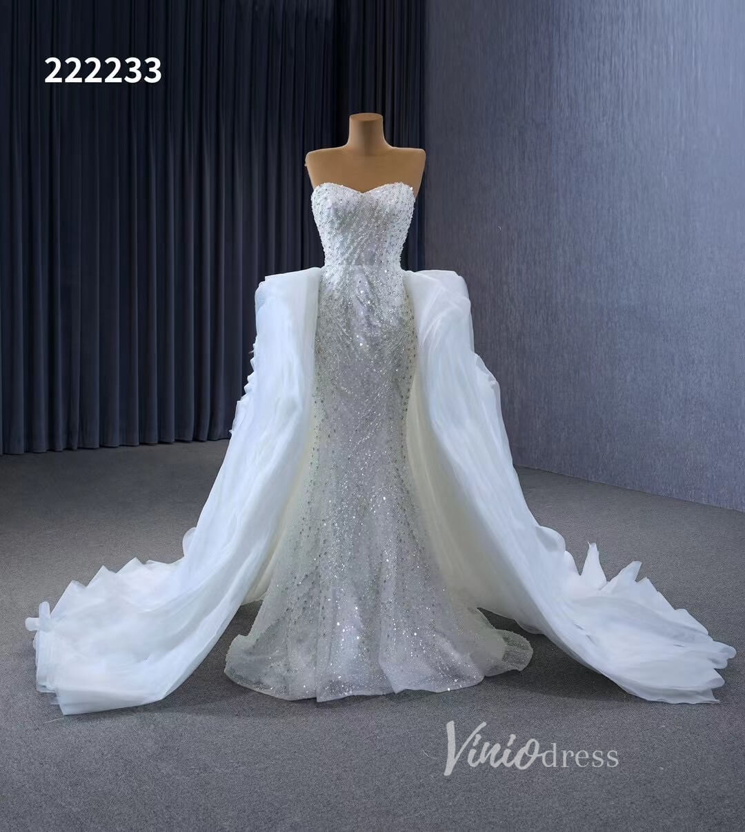 Luxury Beaded Mermaid Wedding Dresses with Ruffle Overskirt Train 222233-wedding dresses 2025 -Viniodress-Ivory-Custom Size-