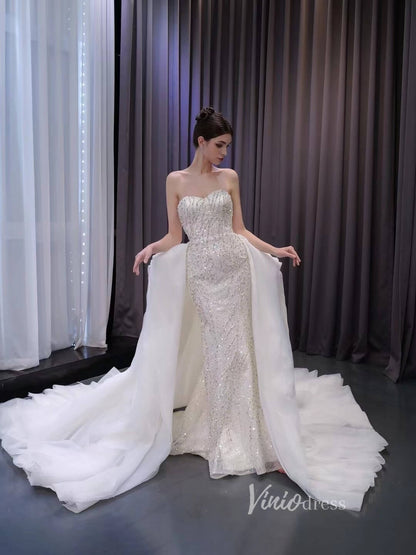 Luxury Beaded Mermaid Wedding Dresses with Ruffle Overskirt Train 2222 – Viniodress