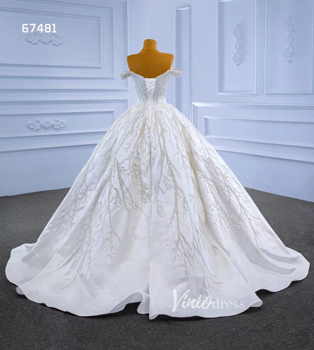 Luxury Beaded Satin Wedding Gown Off the Shoulder 67481-wedding dresses 2025 -Viniodress-Ivory-Custom Size-
