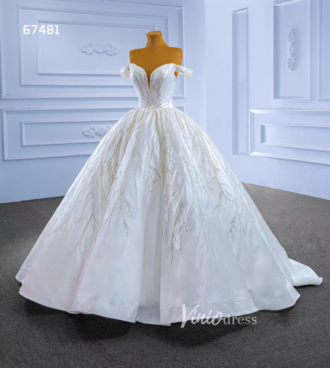 Luxury Beaded Satin Wedding Gown Off the Shoulder 67481-wedding dresses 2025 -Viniodress-Ivory-Custom Size-