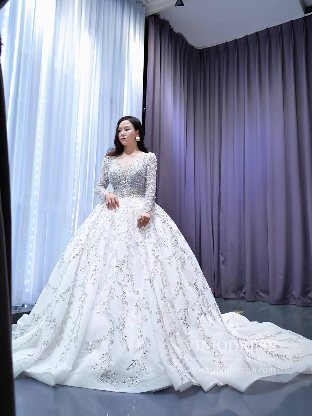 Luxury Beaded Wedding Dresses Long Sleeve Ball Gown 67260-wedding dresses 2025 -Viniodress-Ivory-Custom Size-