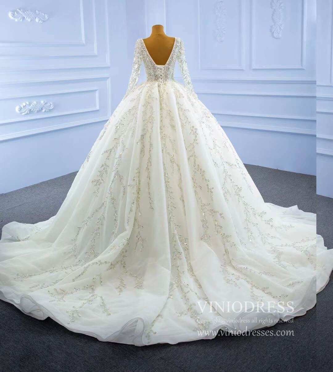 Luxury Beaded Wedding Dresses Long Sleeve Ball Gown 67260-wedding dresses 2025 -Viniodress-Ivory-Custom Size-