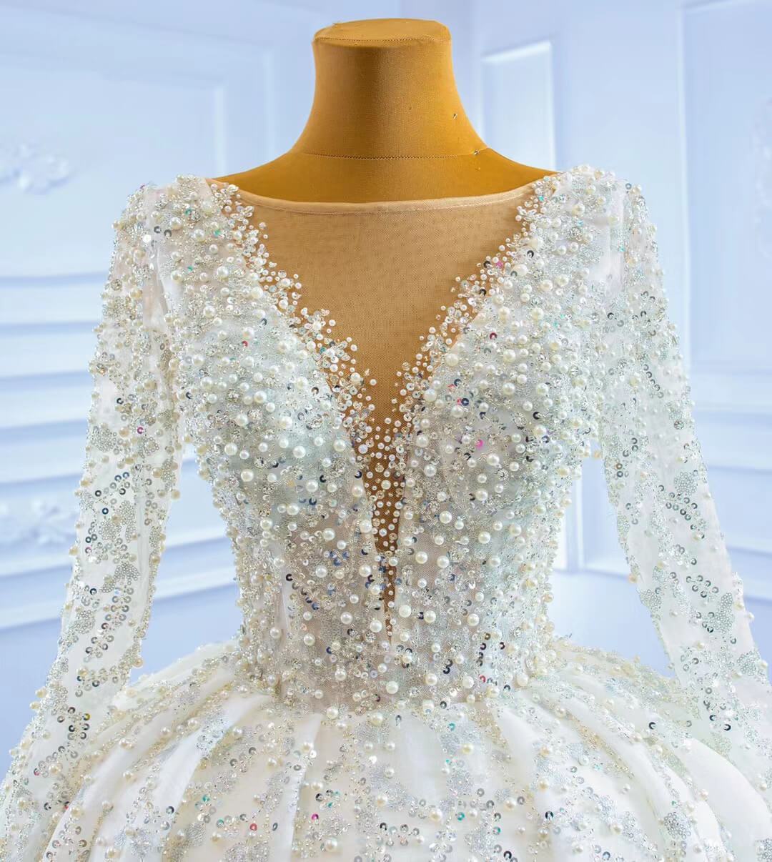 Luxury Beaded Wedding Dresses Long Sleeve Ball Gown 67260-wedding dresses 2025 -Viniodress-Ivory-Custom Size-