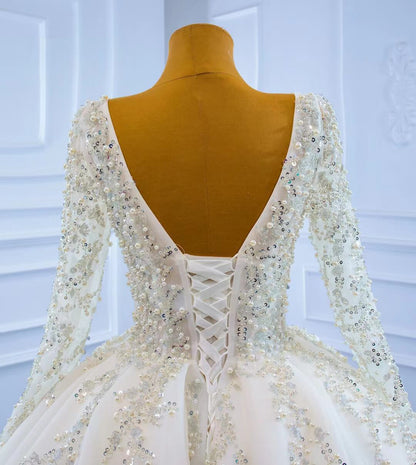 Luxury Beaded Wedding Dresses Long Sleeve Ball Gown 67260-wedding dresses 2025 -Viniodress-Ivory-Custom Size-