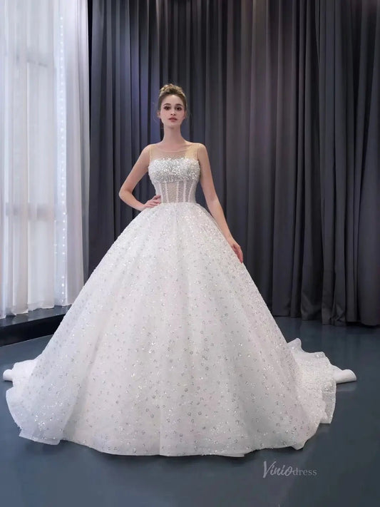 Luxury Beaded Wedding Dresses Sheer Sparkly Ball Gown Quince Dress 241078-wedding dresses 2025 -Viniodress-Ivory-Custom Size-