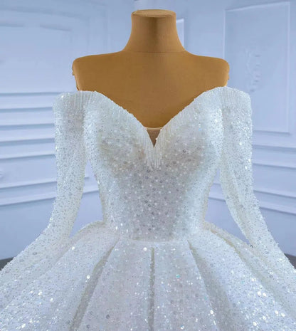 Luxury Beaded Wedding Gown Off the Shoulder Long Sleeve Wedding Dress 67276-wedding dresses 2025 -Viniodress-Ivory-Custom Size-