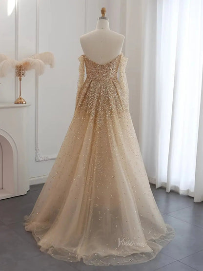 Luxury Gold Prom Dresses Overskirt Formal Dresses Off the Shoulder Long Sleeves BD051-Evening Dresses 2025 -Viniodress-Gold-US 2-