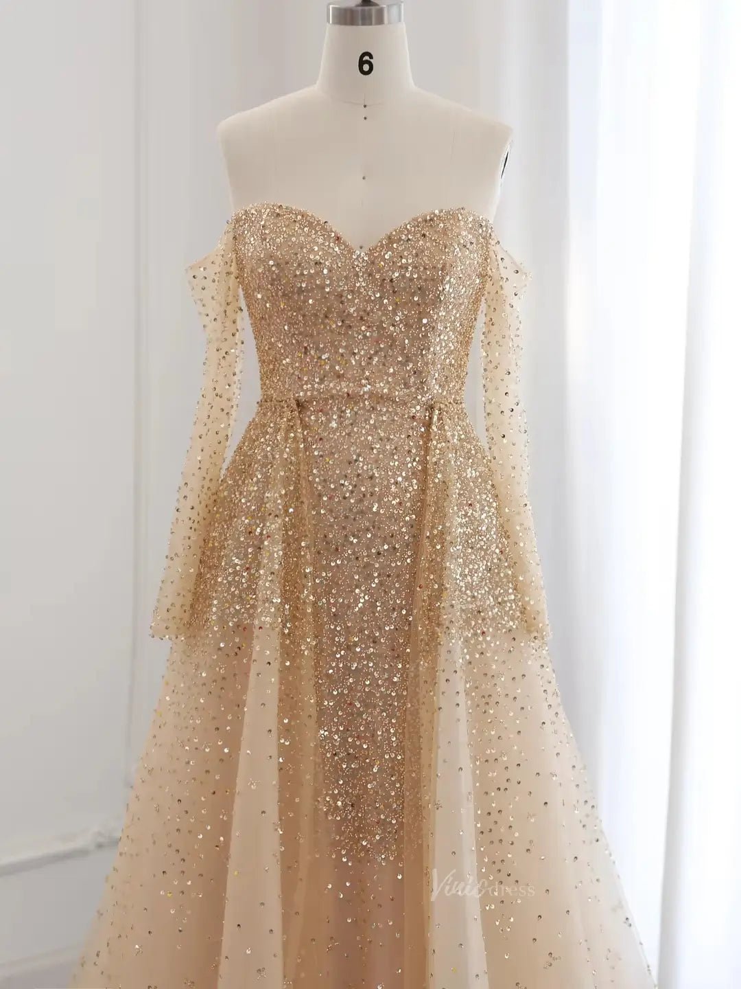 Luxury Gold Prom Dresses Overskirt Formal Dresses Off the Shoulder Lon – Viniodress