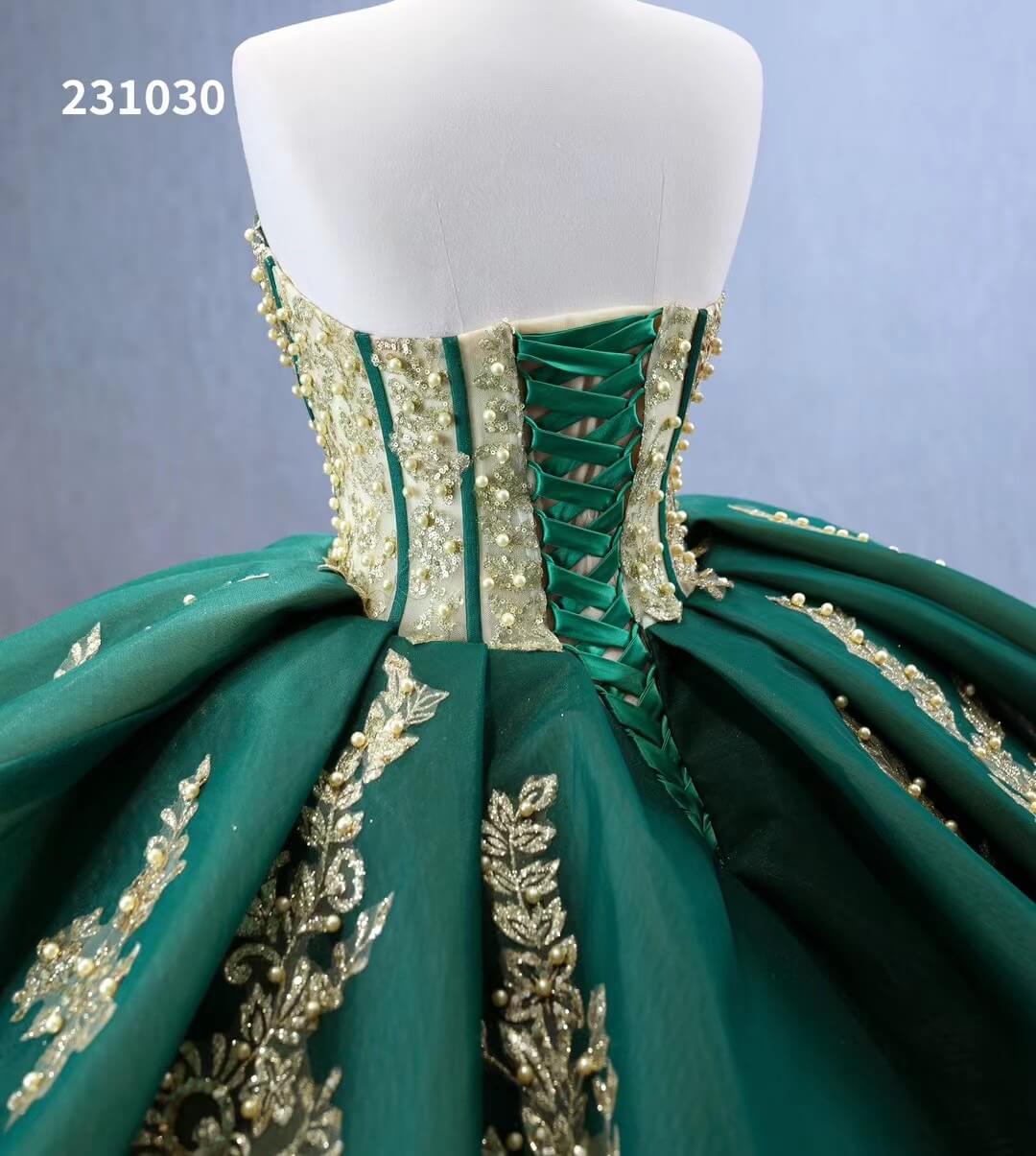 gold and green wedding dress a line Dark Green Tulle Long Sleeve Gold Lace Appliques Beading Luxury Wedding Dress