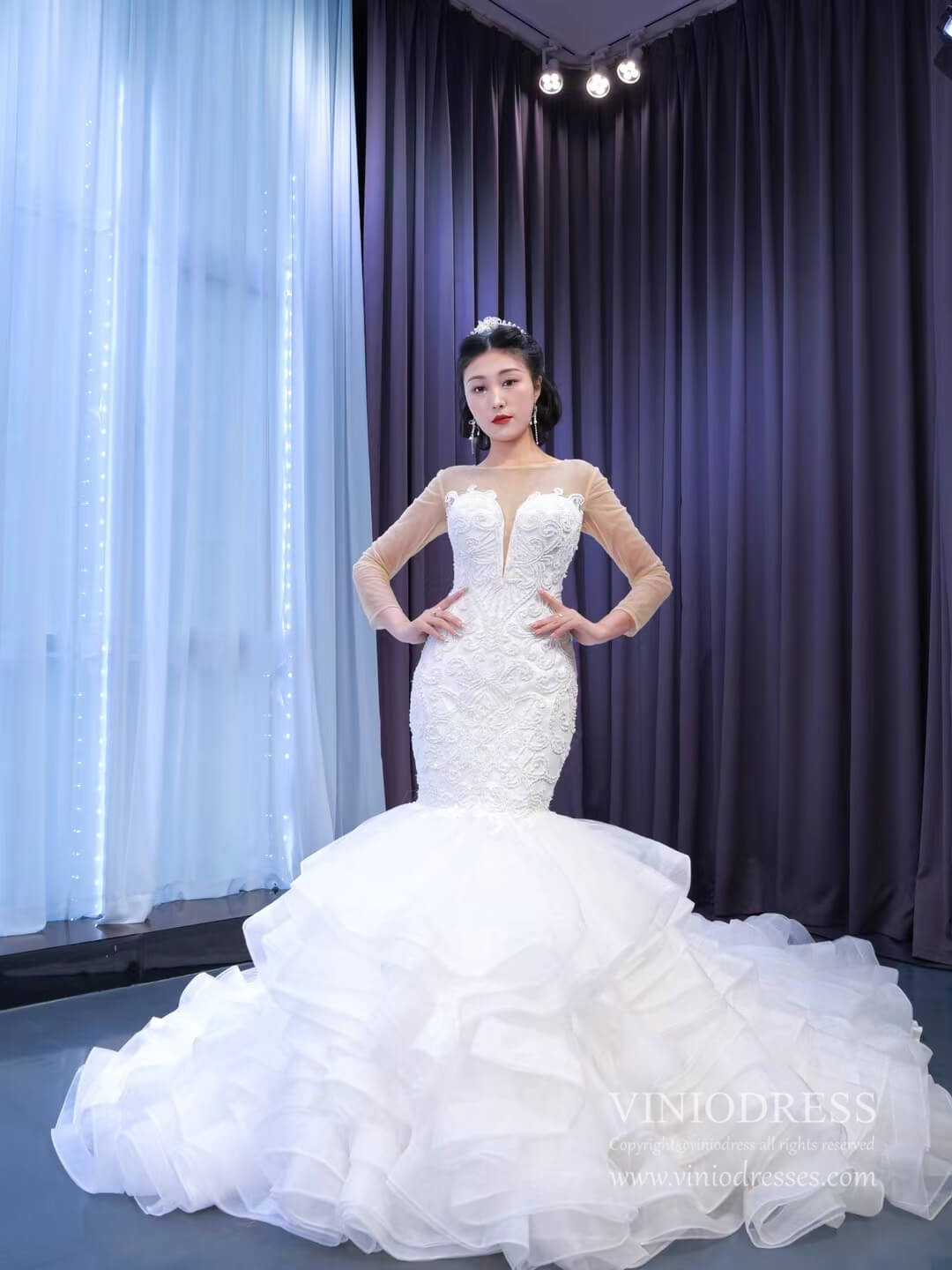 Luxury Mermaid Ruffle Wedding Dresses Long Sleeves 67461-wedding dresses 2025 -Viniodress-Ivory-Custom Size-