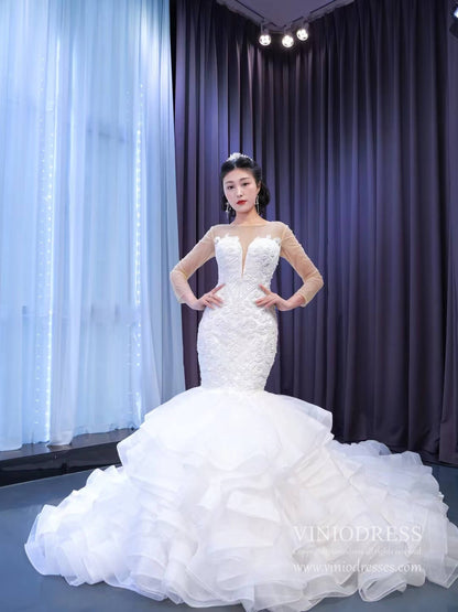 Luxury Mermaid Ruffle Wedding Dresses Long Sleeves 67461-wedding dresses 2025 -Viniodress-Ivory-Custom Size-