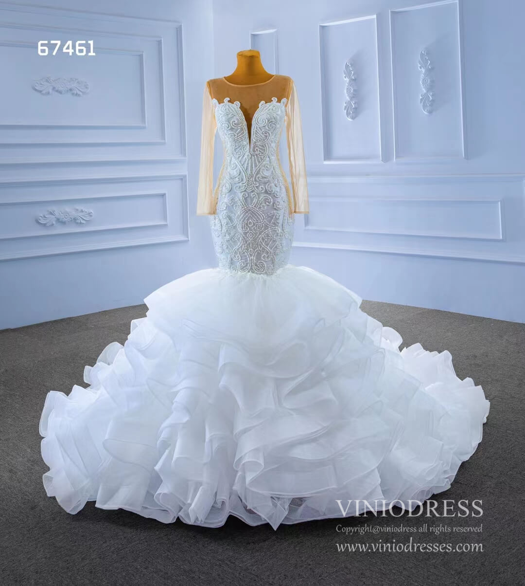 Luxury Mermaid Ruffle Wedding Dresses Long Sleeves 67461-wedding dresses 2025 -Viniodress-Ivory-Custom Size-