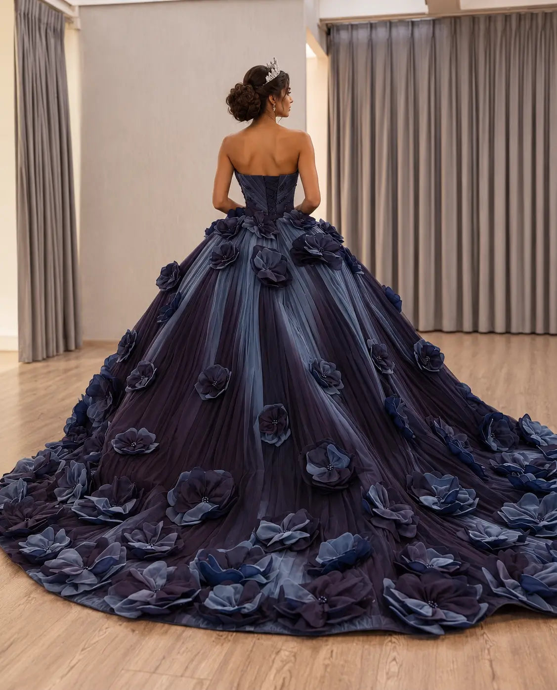 Luxury navy blue ball gown with a sweetheart neckline, 3D floral appliqués, and a dramatic 1-meter train for formal events.