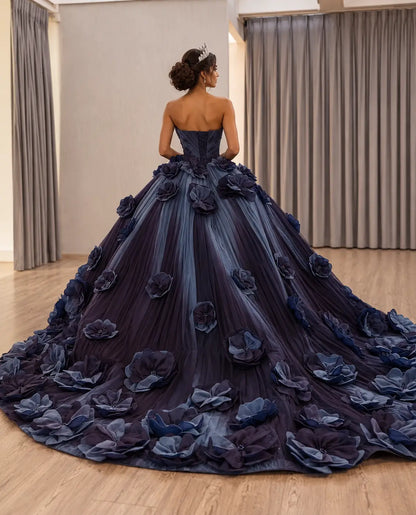 Luxury navy blue ball gown with a sweetheart neckline, 3D floral appliqués, and a dramatic 1-meter train for formal events.