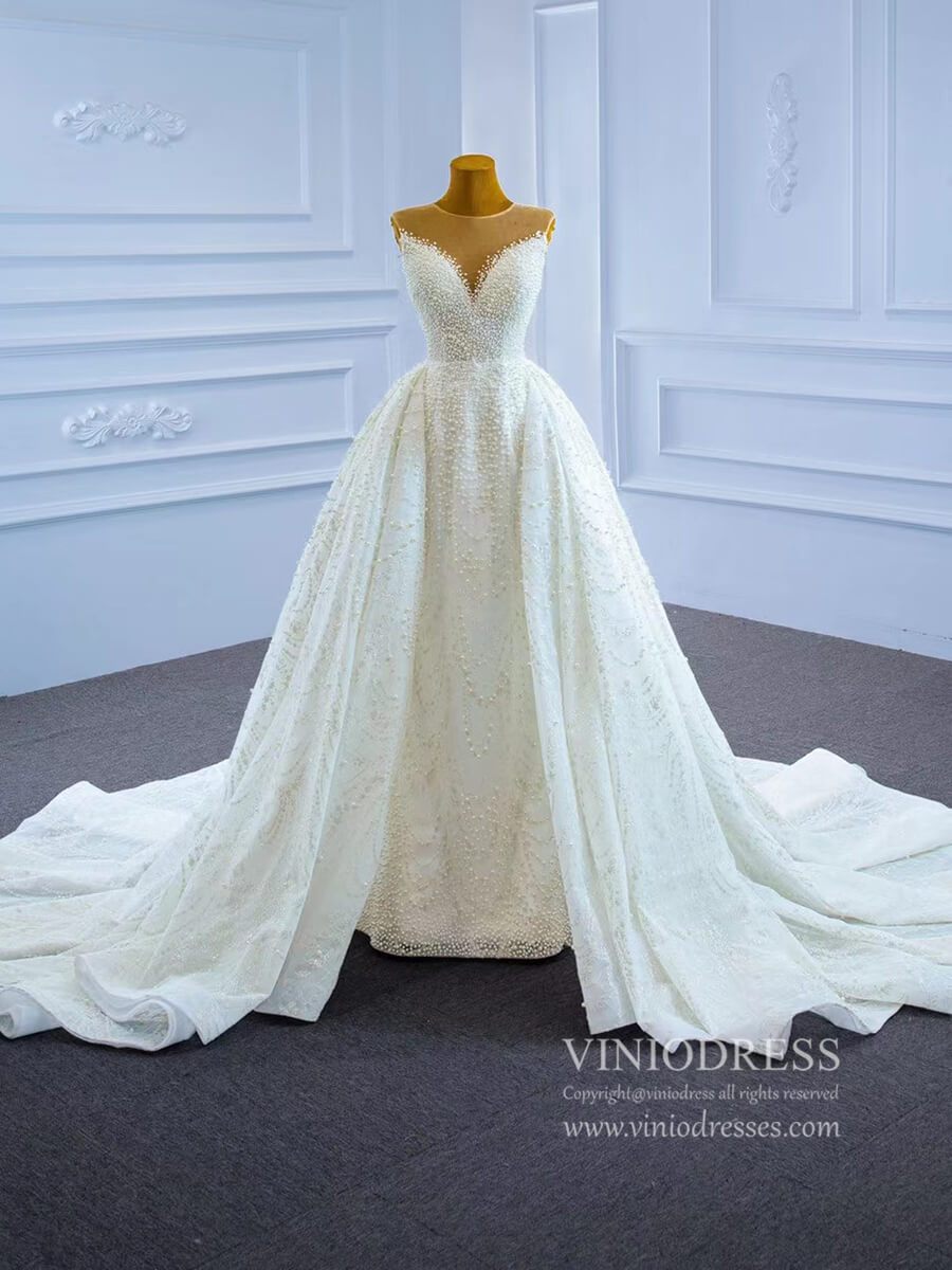 Luxury Pearl Wedding Dresses with Removable Sleeves VW2028-wedding dresses 2025 -Viniodress-As Picture-Custom Size-