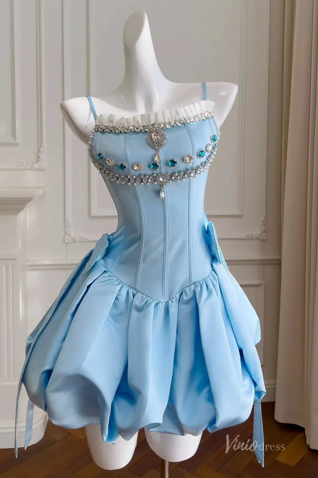 Rhinestone Corset Bubble Mini Homecoming Dress with Lace-Up Back – H1120 – Viniodress