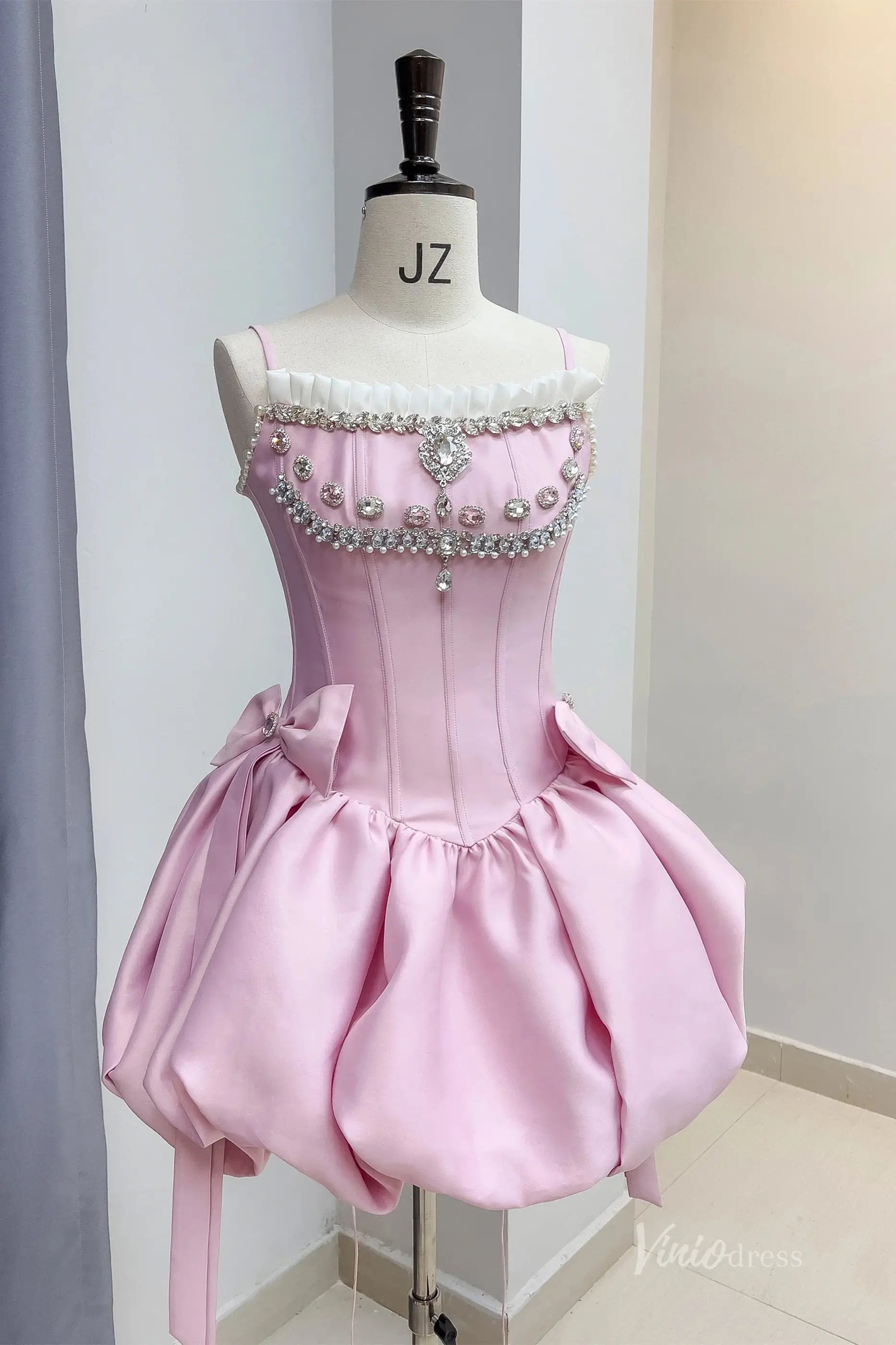 Rhinestone Corset Bubble Mini Homecoming Dress with Lace-Up Back – H1120 – Viniodress