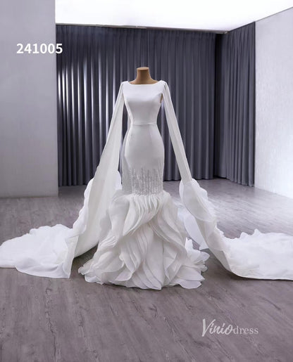 Luxury Ruffled Mermaid Wedding Dresses Extra Long Sleeve Bridal Gown Corset Back 241005-wedding dresses 2025 -Viniodress-Ivory-Custom Size-