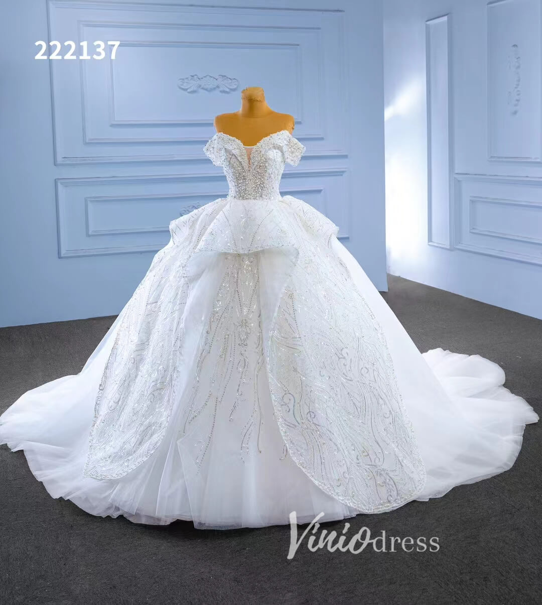 Luxury White Dubai Ball Gown Wedding Dresses Off the Shoulder 222137-wedding dresses 2025 -Viniodress-Ivory-Custom Size-