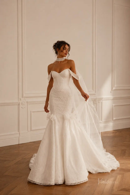 ML193 white lace mermaid wedding dress with off-shoulder sleeves, corset bodice, and matching lace choker.