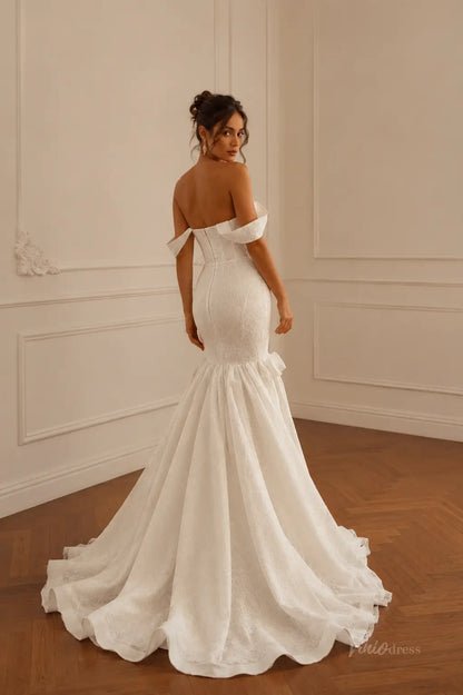ML193 white lace mermaid wedding dress with an off-the-shoulder neckline and a dramatic flared train.
