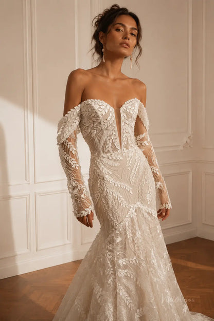 Off-the-shoulder ML194 wedding dress with long sleeves, deep V-neckline, and intricate white leaf-patterned lace embroidery.