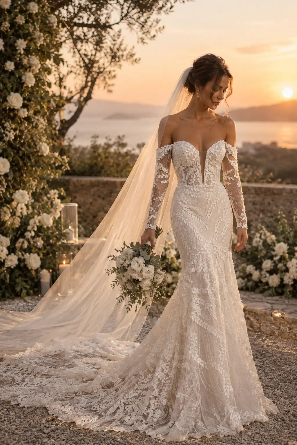 ML194 off-the-shoulder mermaid wedding dress with long lace sleeves, plunging neckline, and intricate floral embroidery.