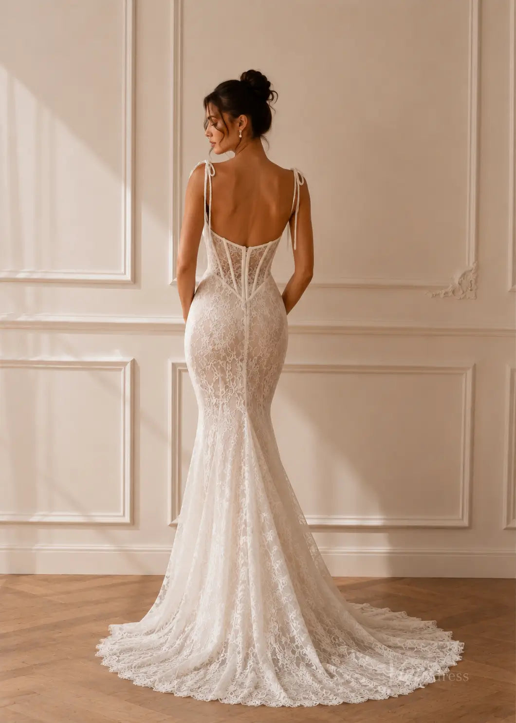 ML195 white lace mermaid wedding dress with a corset bodice, open back, and delicate tie-shoulder straps.