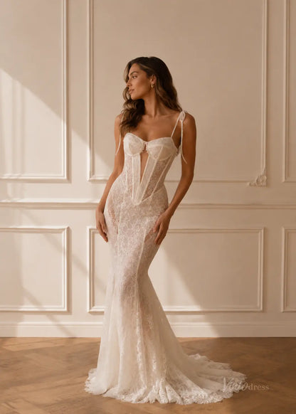 ML195 white lace mermaid wedding dress with a corset-style bodice, sweetheart neckline, and delicate tie-up straps.