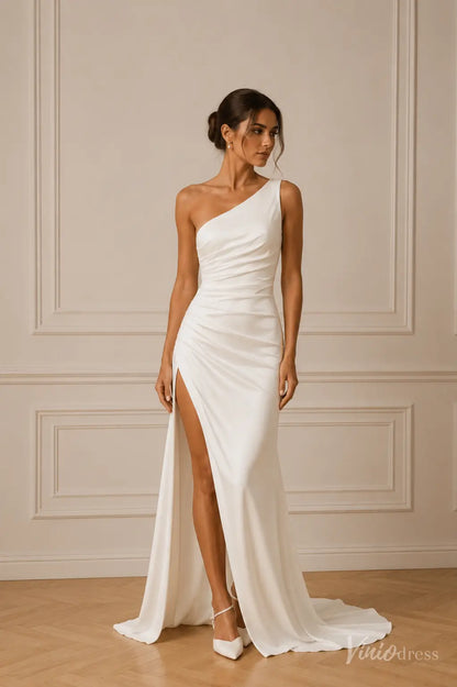 MN173 white satin one-shoulder wedding dress with a ruched bodice and a high side slit, featuring a floor-length train.