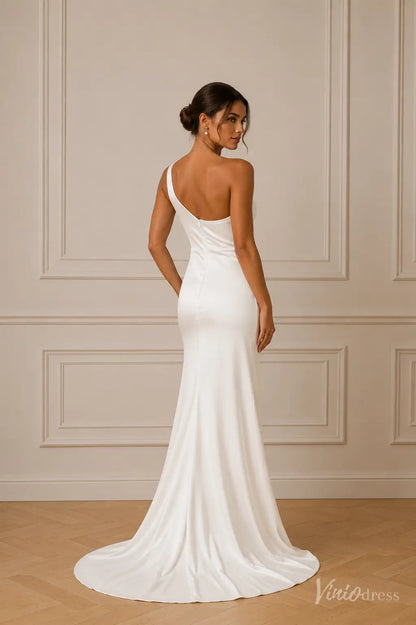 MN173 white satin mermaid wedding dress featuring a sleek one-shoulder neckline and a floor-length train.
