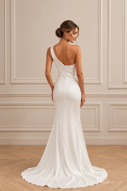 MN173 white satin mermaid wedding dress featuring a sleek one-shoulder neckline and a floor-length train.