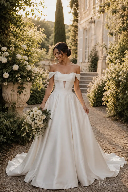 Modern Ivory Satin Ball Gown Wedding Dress with Off-Shoulder Corset Bodice and Front Cutout - MS181