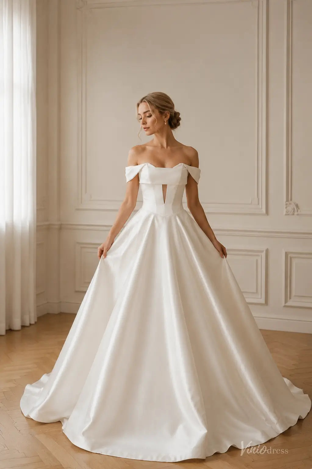 Modern Ivory Satin Ball Gown Wedding Dress with Off-Shoulder Corset Bodice and Front Cutout - MS181