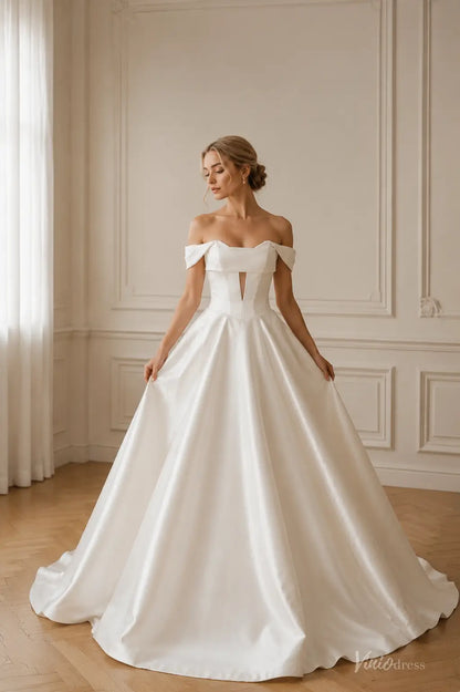 Modern Ivory Satin Ball Gown Wedding Dress with Off-Shoulder Corset Bodice and Front Cutout - MS181