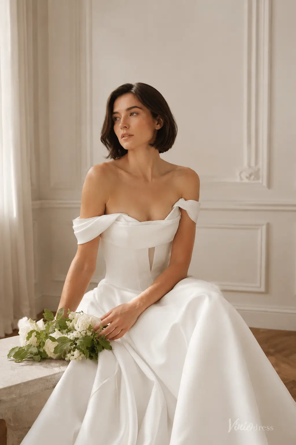 Modern Ivory Satin Ball Gown Wedding Dress with Off-Shoulder Corset Bodice and Front Cutout - MS181