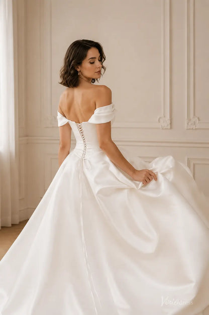 Modern Ivory Satin Ball Gown Wedding Dress with Off-Shoulder Corset Bodice and Front Cutout - MS181