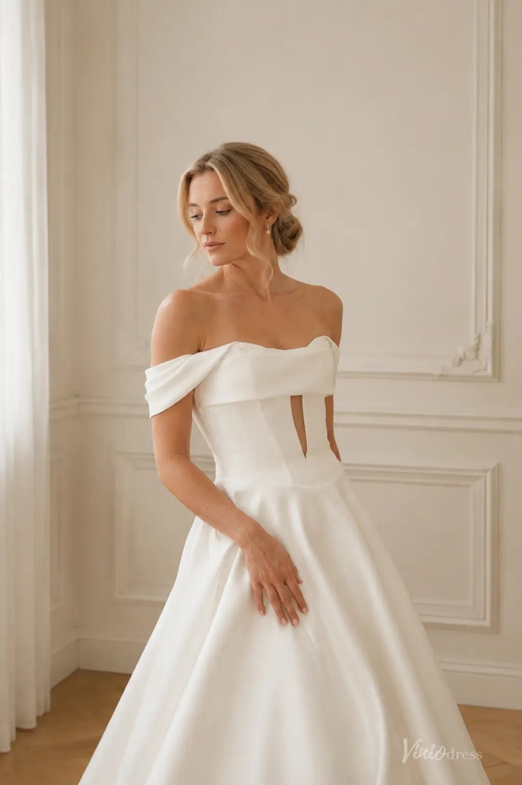 Modern Ivory Satin Ball Gown Wedding Dress with Off-Shoulder Corset Bodice and Front Cutout - MS181