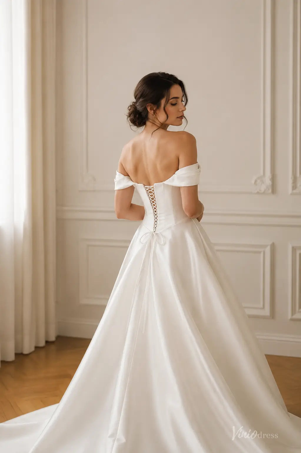Modern Ivory Satin Ball Gown Wedding Dress with Off-Shoulder Corset Bodice and Front Cutout - MS181